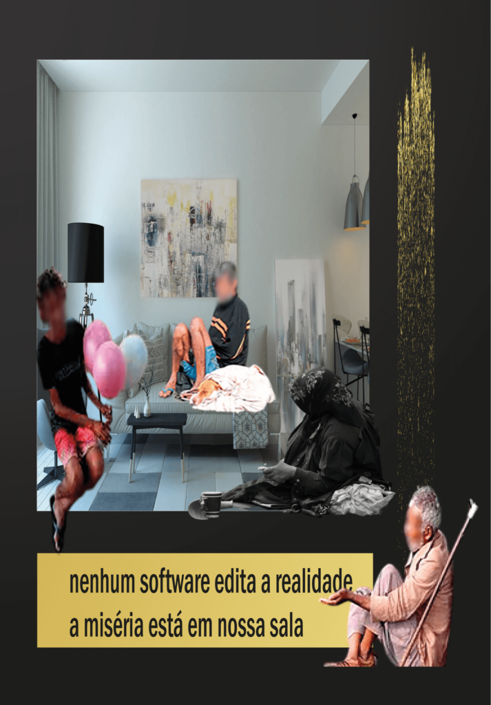 Poesia Visual com notícia mostra moradores em situação de rua sentados numa sala típica de classe mais favorecida: nenhum software edita a realidade; a miséria está em nossa sala