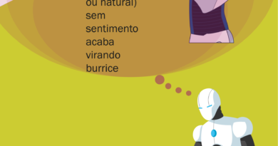 Poesia Visual com notícia com um um robô pensando: inteligência (artificial ou natural) sem sentimento acaba virando burrice