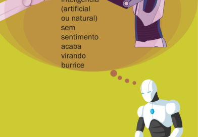 Poesia Visual com notícia: o que a inteligência precisa para ser inteligente? Poesia Visual com notícia com um um robô pensando: inteligência (artificial ou natural) sem sentimento acaba virando burrice